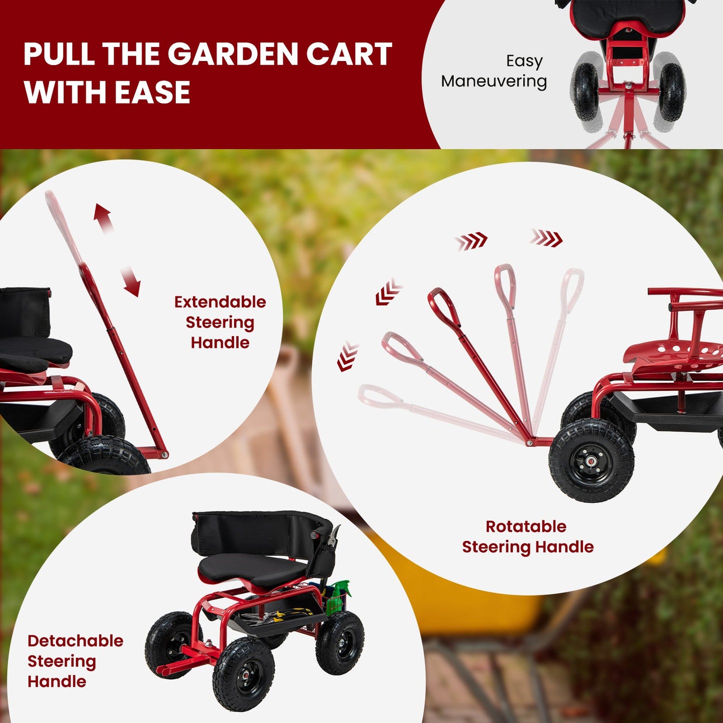 Carro de jardinería con ruedas, asiento acolchado, cesta de almacenamiento y bolsa de herramientas - Negro y Rojo