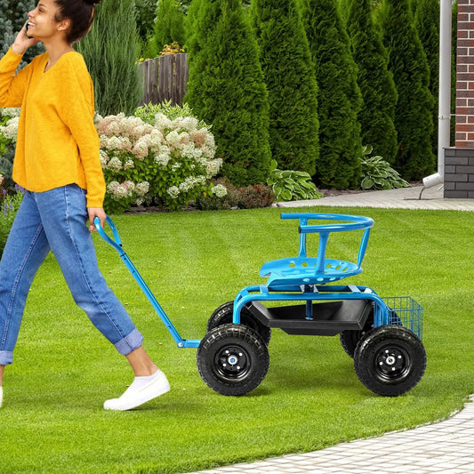 Cushioned Rolling Garden Cart Scooter with Storage Basket and Tool Pouch-Blue - Tampa Home & Garden Store