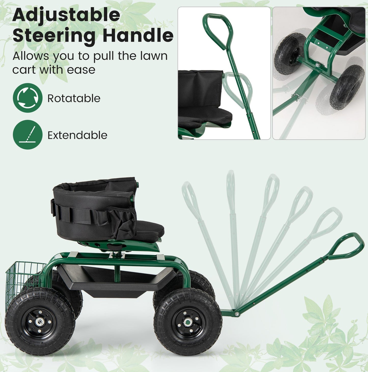 Carro Scooter de Jardín con Ruedas y Cojín, Cesta de Almacenamiento y Bolsa de Herramientas - Verde