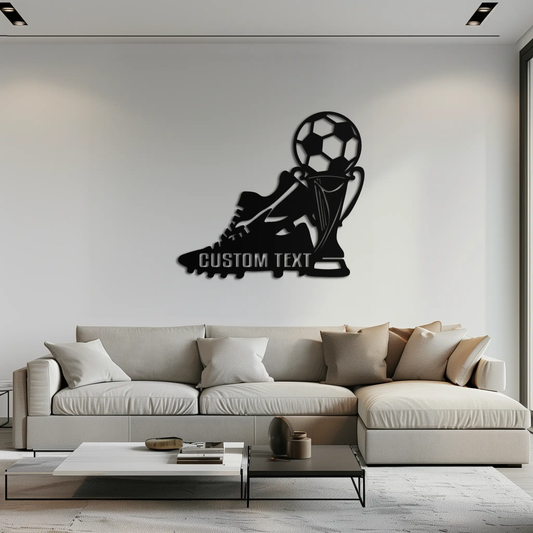 Custom Soccer Trophy and Cleat Wall Art, Enova Art, black metal wall decor with soccer boot on Tampa Home & Garden Store