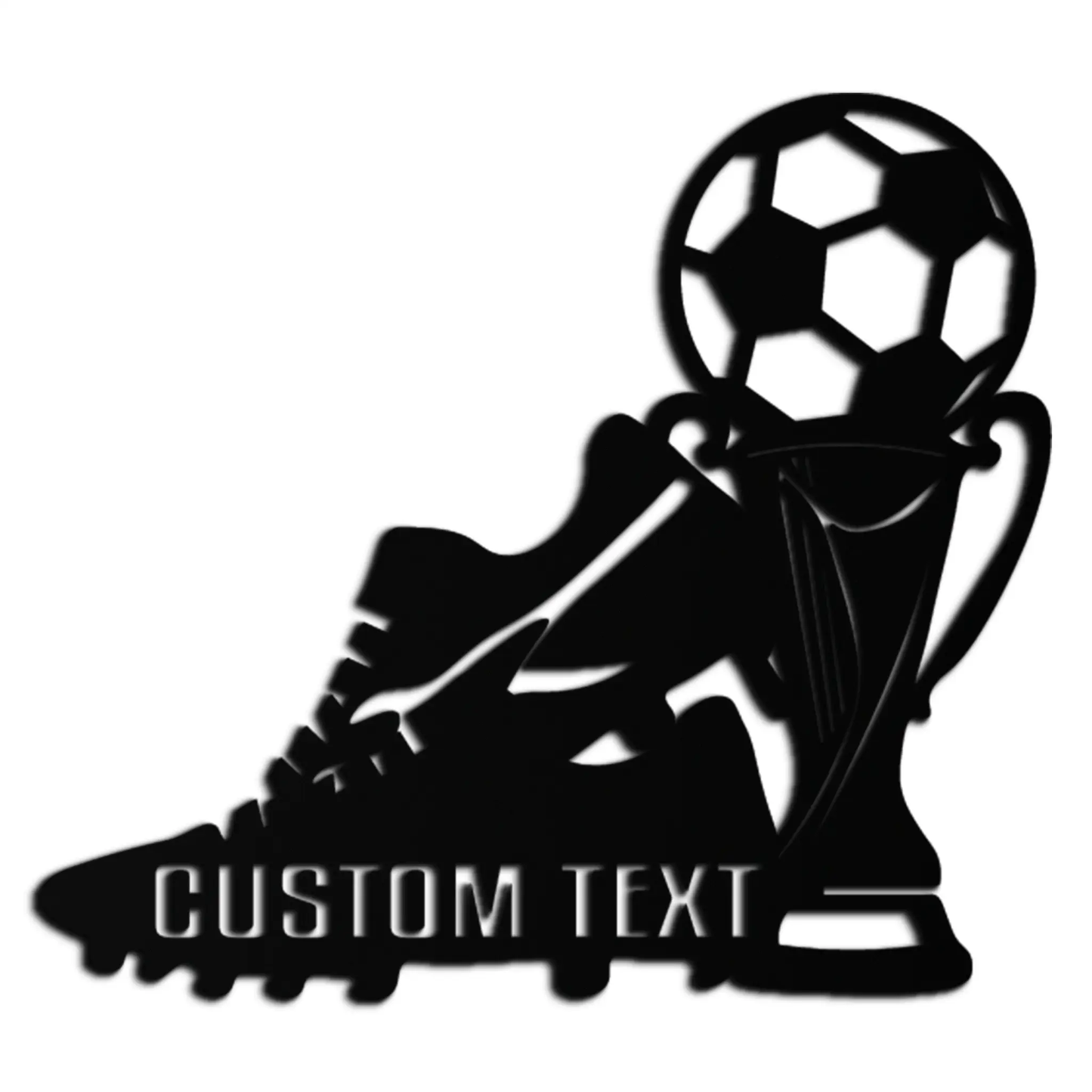 Custom Soccer Trophy and Cleat Wall Art in black metal with customizable text on the base on Tampa Home & Garden Store