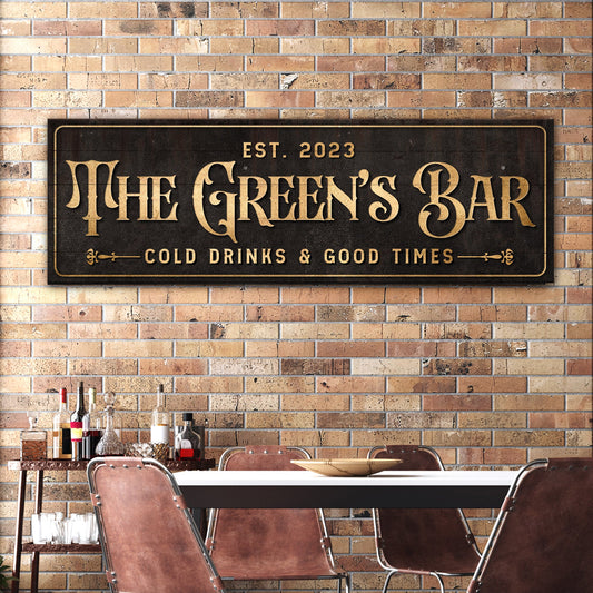 Custom Bar Sign III canvas with vintage black plaque and gold lettering EST. 2023 on brick wall backdrop on Tampa Home & Garden Store