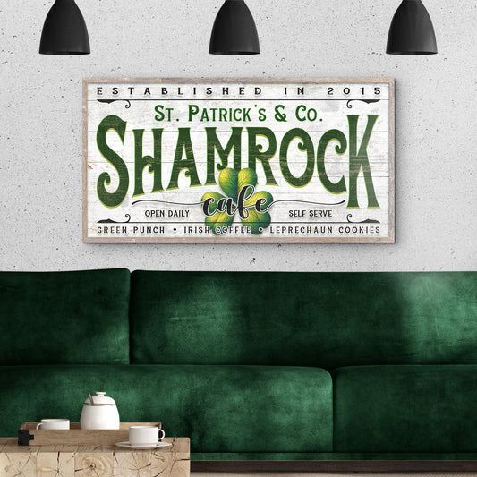 Custom Shamrock Cafe sign canvas with green SHAMROCK lettering on weathered wood on Tampa Home & Garden Store