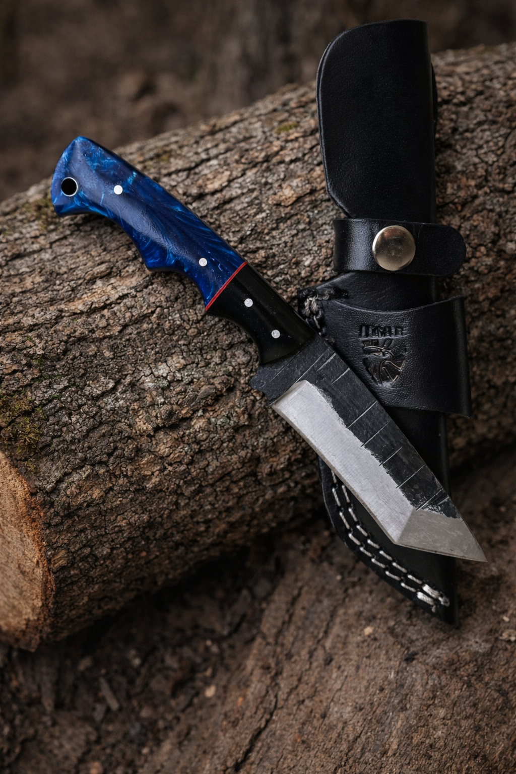 Hand-forged carbon hammered fixed blade knife TC-600 by Titan K with blue resin handle in sheath on Tampa Home & Garden Store