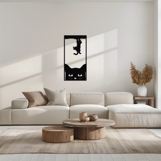 Cute Cat and Kitten metal wall art, vertical black silhouette framed decor on Tampa Home & Garden Store