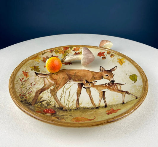 Cute Deer Mom and Baby Dinner Plate with autumn leaf border and woodland deer illustration on Tampa Home & Garden Store