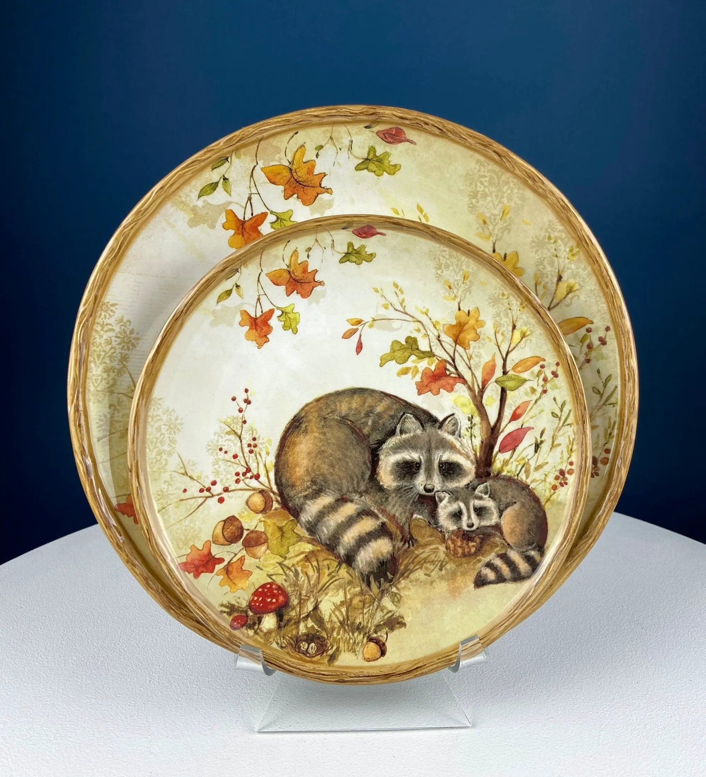 Raccoon mom and two kits dinner plate with autumn leaves and mushroom accents ceramic plate on Tampa Home & Garden Store
