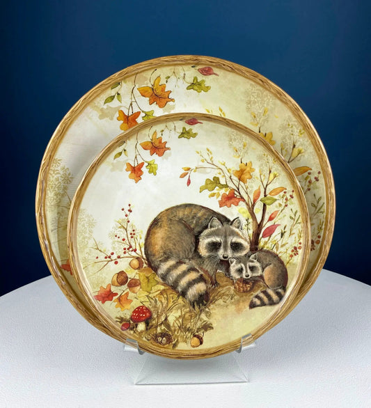 Cute Raccoon Dinner Set for One with Mug – raccoon family among autumn leaves with gold rims on Tampa Home & Garden Store