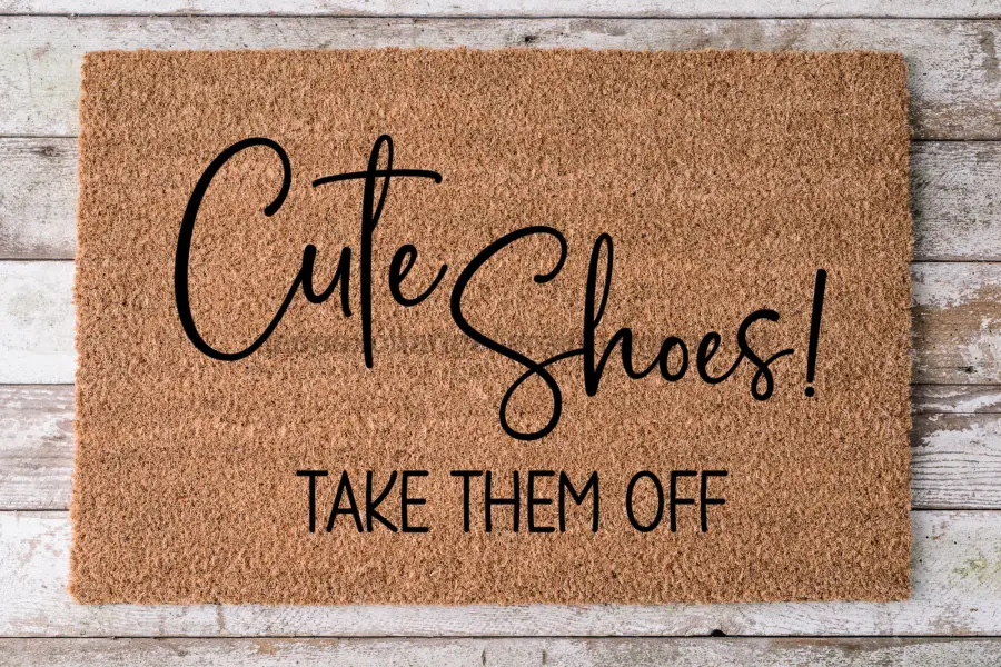 Door mat natural coir with black script Cute Shoes Take Them Off, 30x18, DecoExchange on Tampa Home & Garden Store