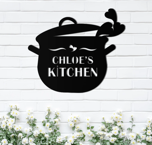 Cute smiling cooking pot wall art in black metal with heart steam Chloe's Kitchen text on Tampa Home & Garden Store