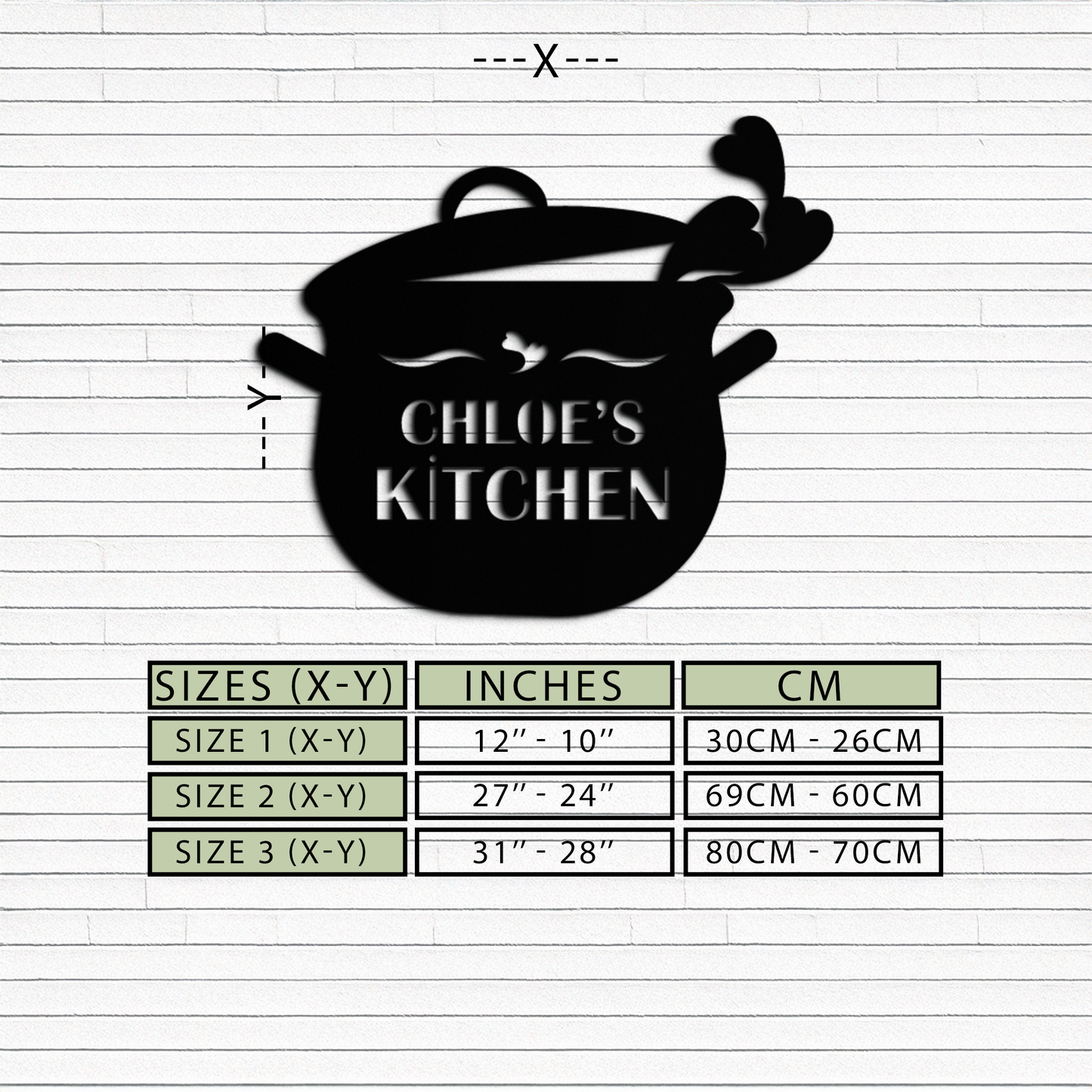 Black metal wall art of a cooking pot with heart steam and Chloe's Kitchen text on Tampa Home & Garden Store