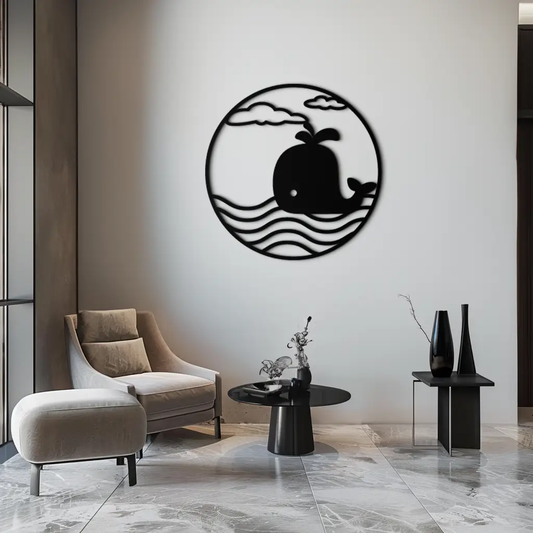 Cute Whale Ocean Scene Metal Wall Art round black steel circular wall decor with whale on Tampa Home & Garden Store