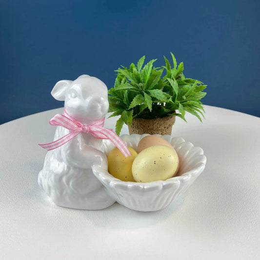White ceramic bunny planter with sunflower basket, pink bow, Easter decor on Tampa Home & Garden Store