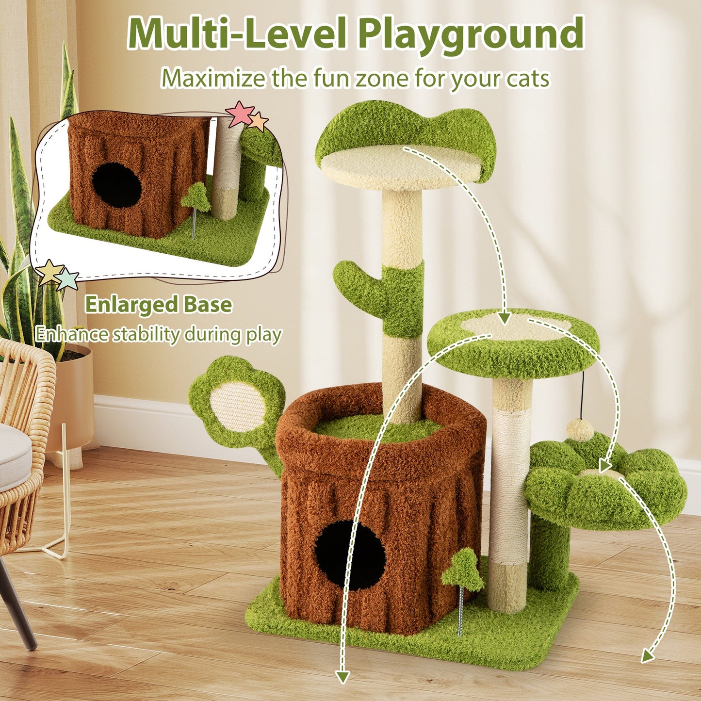Cute Cat Tree Indoor Pet Jungle Activity Center with brown trunk and green platforms on Tampa Home & Garden Store