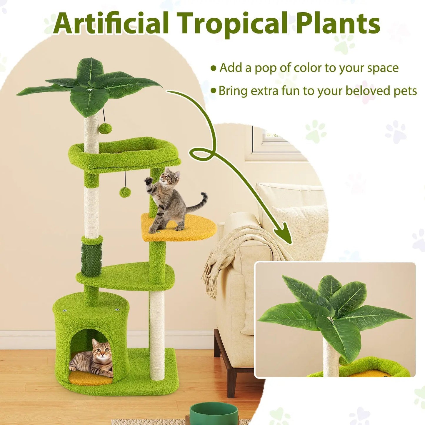 Cute Cat Tree for Adult Cats Multi-Level Green with plush platforms and sisal rope posts two cats on Tampa Home & Garden Store