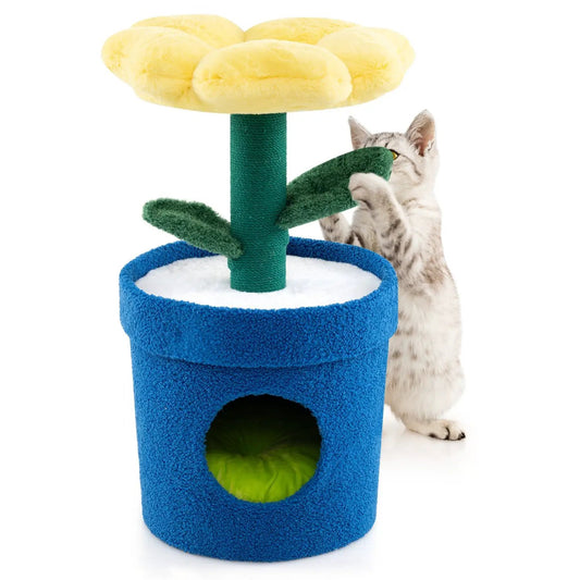 Cute cat tree with yellow flower padded perch, blue base and green post for indoor cats on Tampa Home & Garden Store