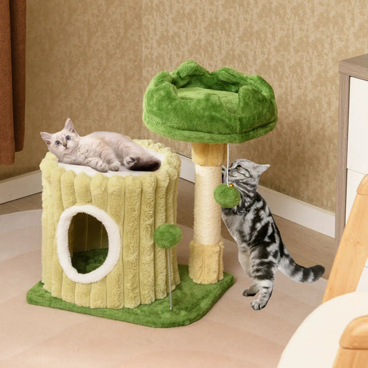 Cat Tree with plush beige tower, sisal posts and a green top platform with ball; two kittens on Tampa Home & Garden Store