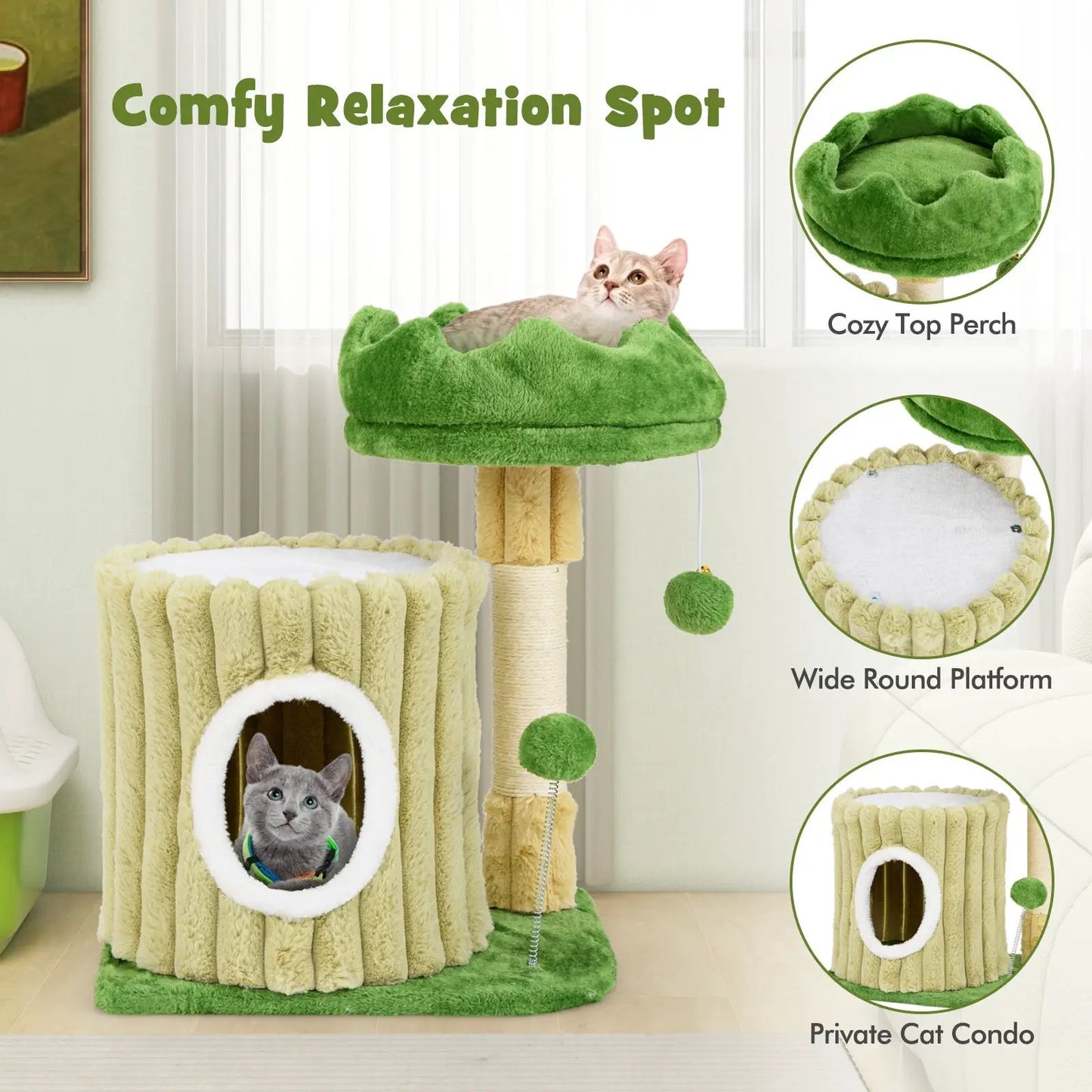 Cat tree with green plush top perch, sisal scratching posts and hanging ball on Tampa Home & Garden Store