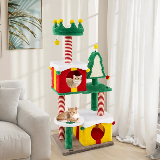 Cute Christmas Cat Tree with Scratching Posts, red-striped posts and crown for indoor cats on Tampa Home & Garden Store