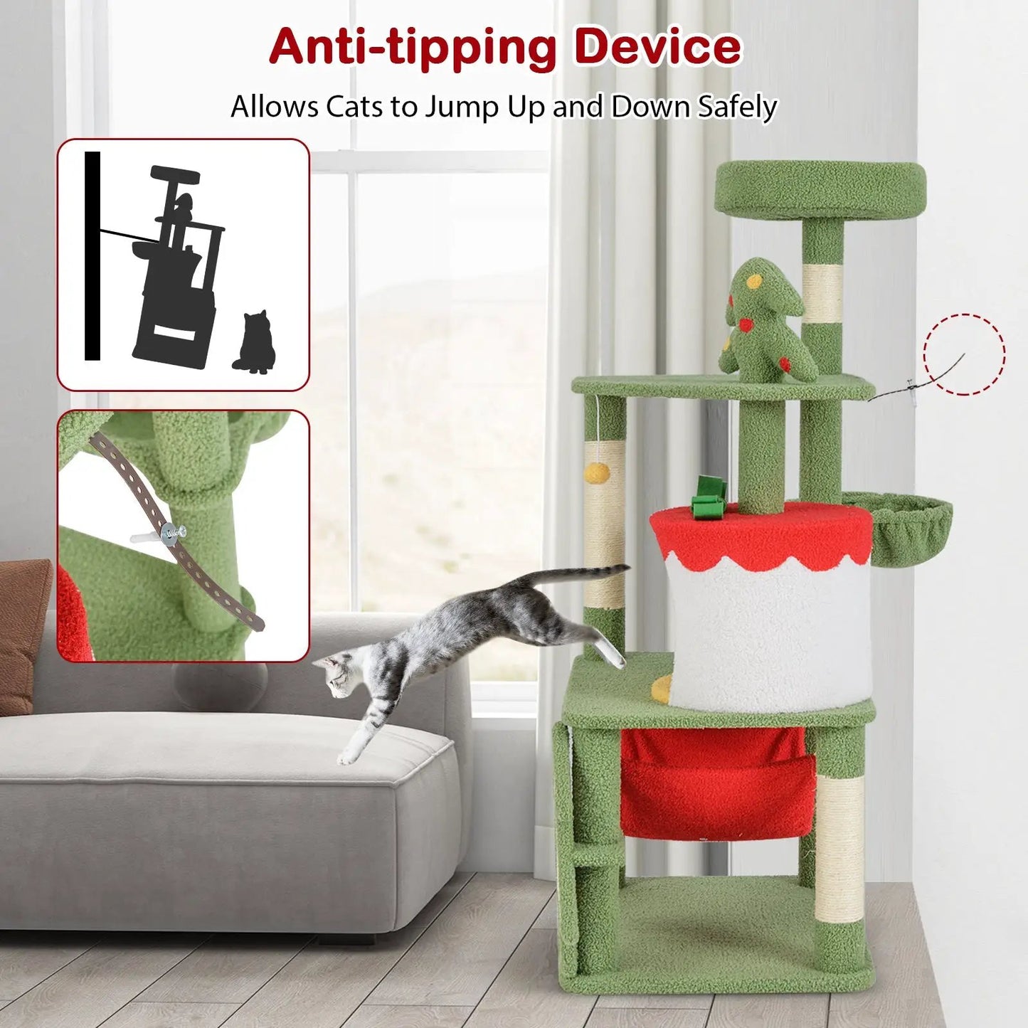 Christmas Cat Tree with Sisal Scratching Posts, green tree with red accents on Tampa Home & Garden Store