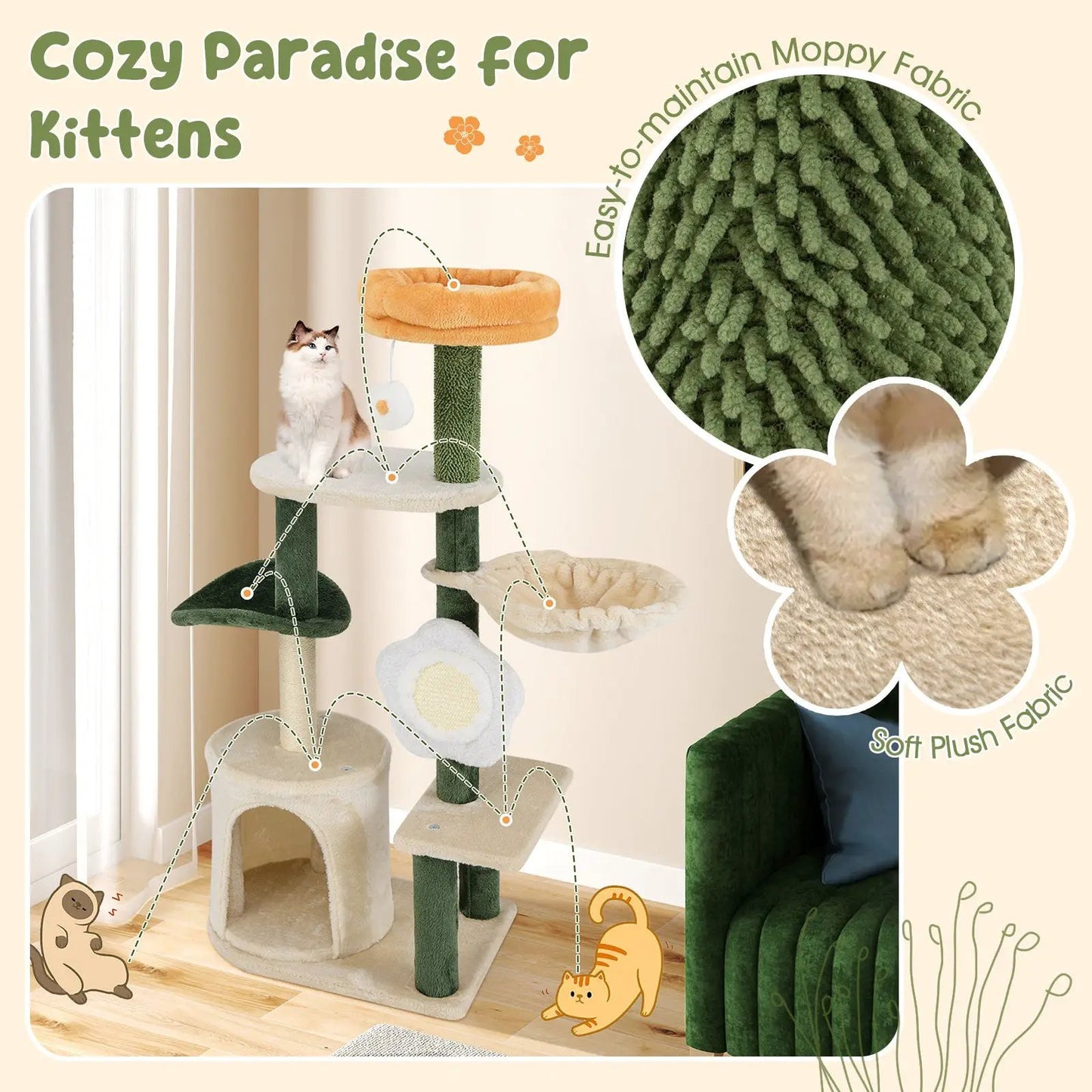Cute Flower Cat Tree with Plush Top Perch, green posts and beige platforms by DirectDeals on Tampa Home & Garden Store