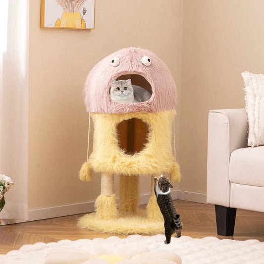 Cute monster-themed cat tower with pink plush dome and 2 condos on Tampa Home & Garden Store