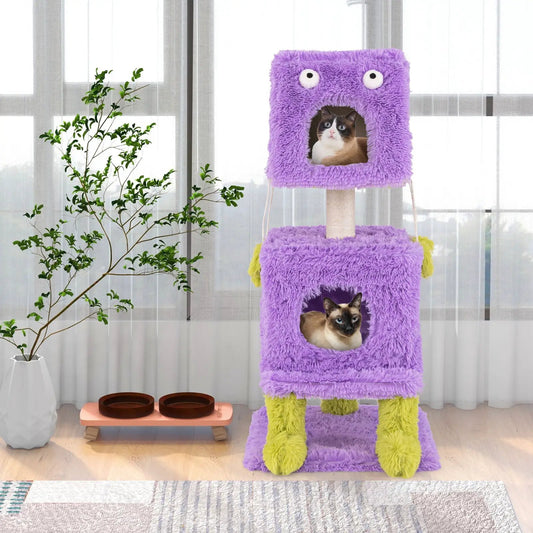 Monster-Themed Cat Tower with 2 Private Condos, purple fuzzy fabric on Tampa Home & Garden Store