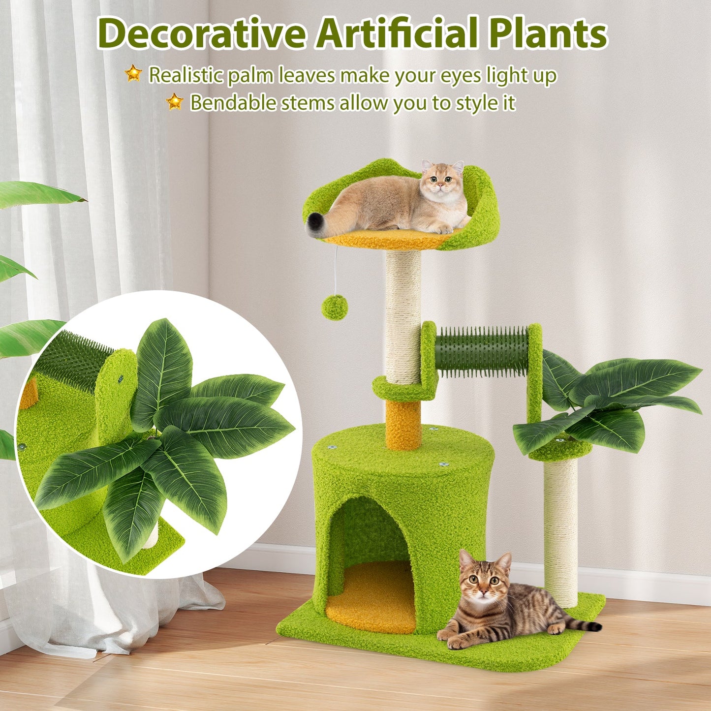 Palm Cat Tree for Indoor Cats with green artificial leaves, lime perch, DirectDeals on Tampa Home & Garden Store