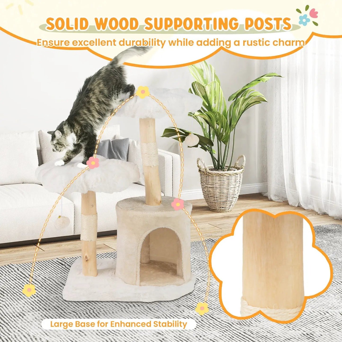 Solid Wood Cat Tree beige with natural branch sturdy base for stability on Tampa Home & Garden Store