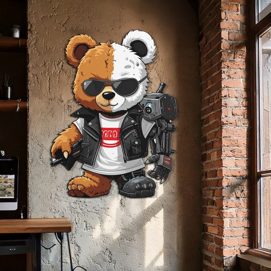 Cyborg Teddy Bear UV print metal wall art with sunglasses and leather jacket for modern decor on Tampa Home & Garden Store