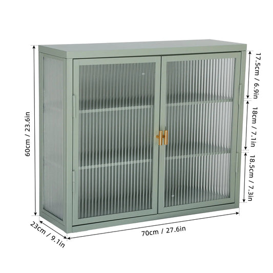 Retro Style Haze double glass door cabinet in sage green metal with ribbed glass on Tampa Home & Garden Store