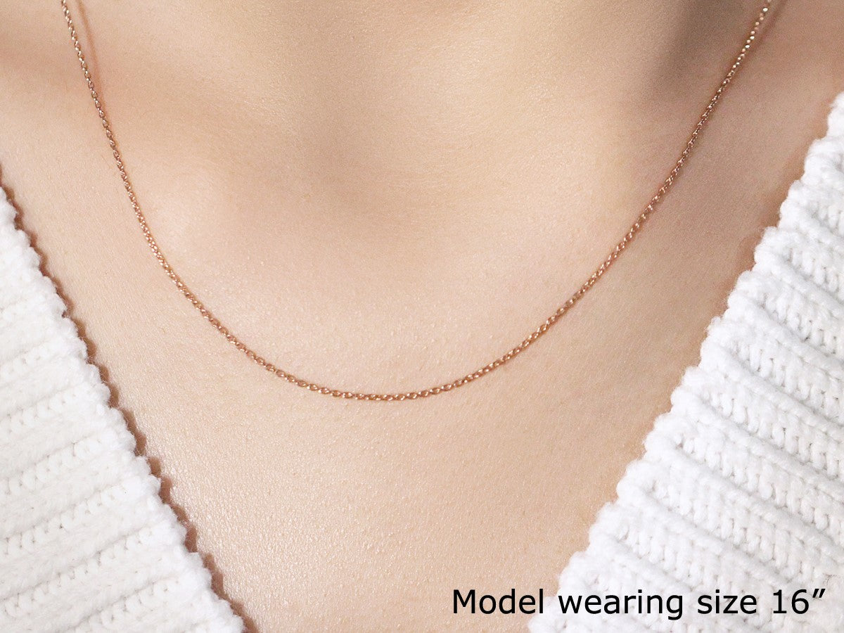 14k rose gold oval cable chain necklace 0.97mm, delicate, 16in model wearing on Tampa Home & Garden Store