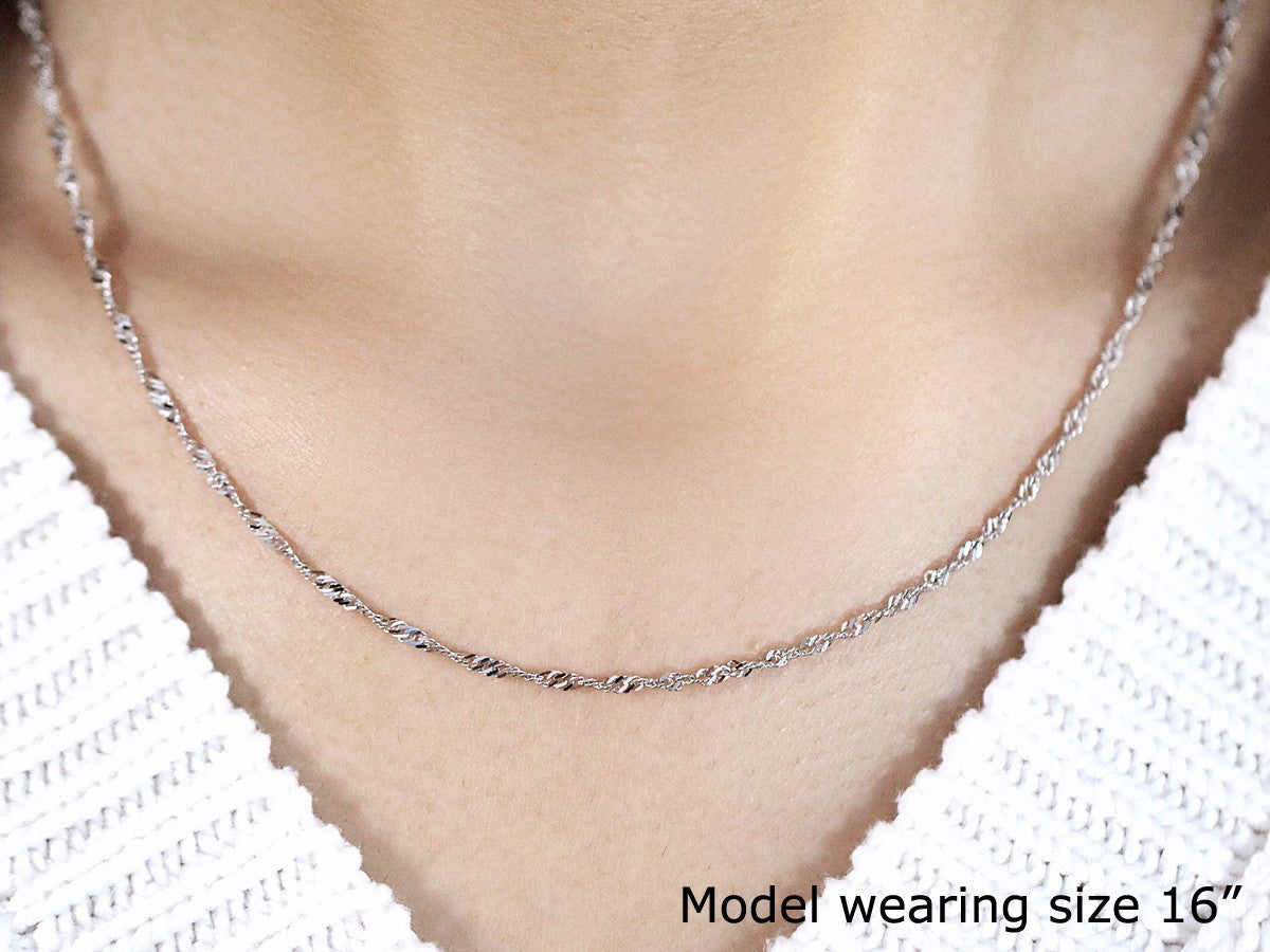 14k white gold Singapore chain necklace 1.7mm, close-up on model's neck on Tampa Home & Garden Store