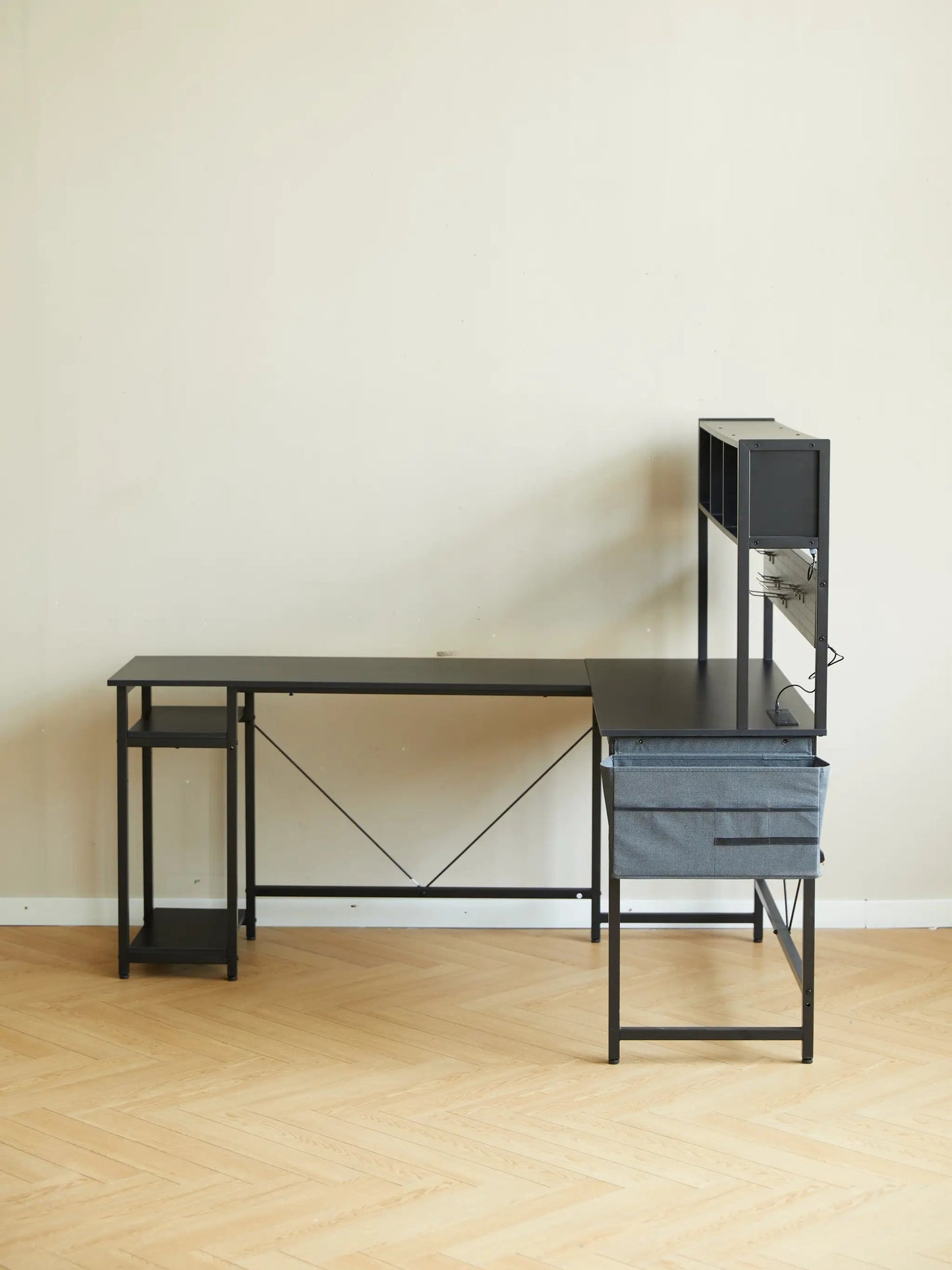 94.5-inch L-shaped desk with black metal frame and LED storage VIP Digital Presence on Tampa Home & Garden Store
