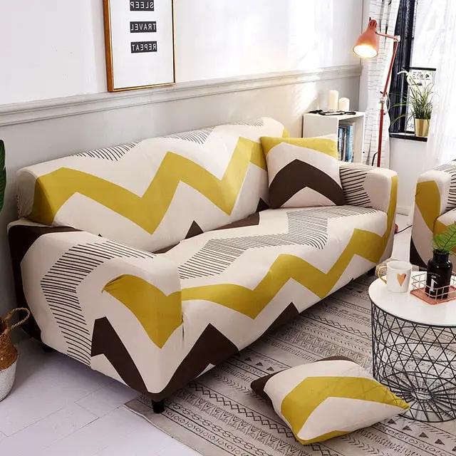 Stretch Polyester Sofa Cover for Loveseat with bold yellow zigzag and brown accents on Tampa Home & Garden Store