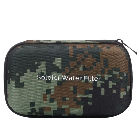 Outdoor water purifier case in woodland camouflage with Soldier Water Filter label on Tampa Home & Garden Store