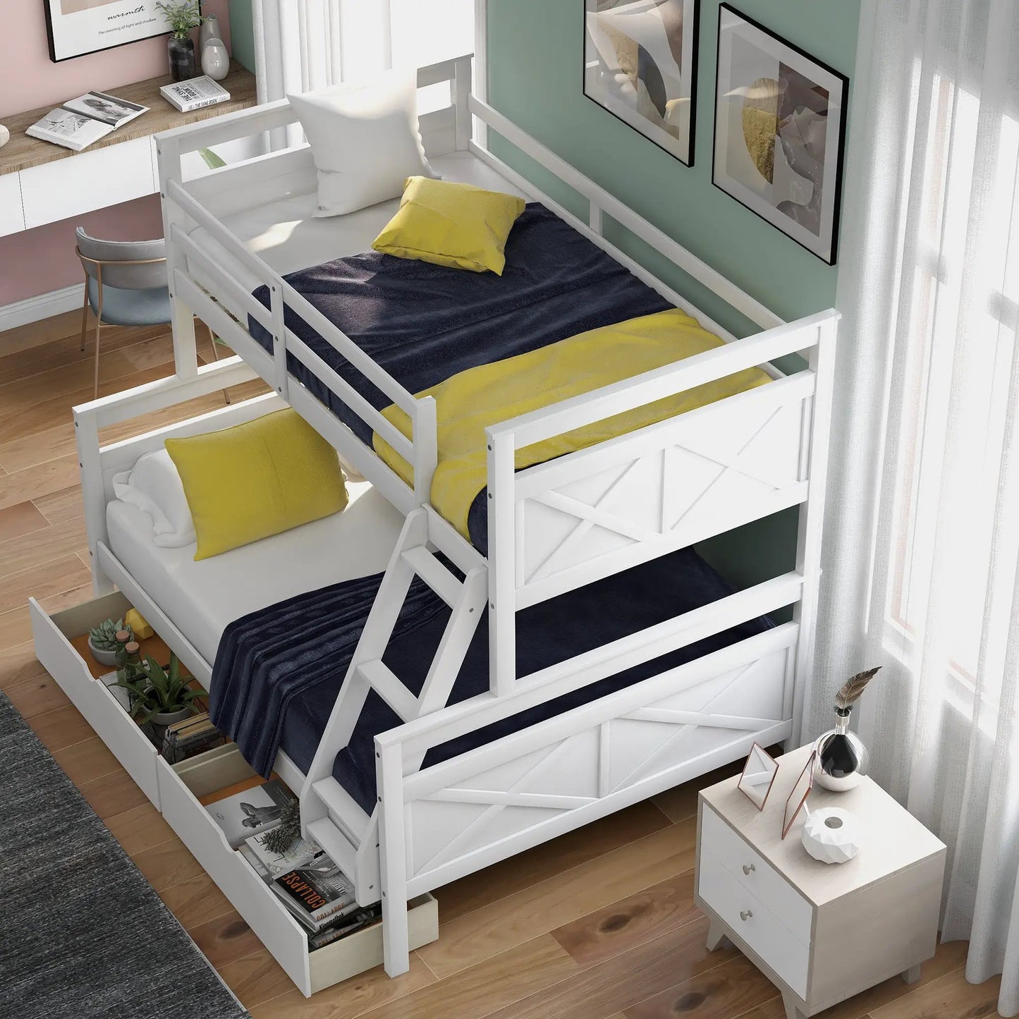 Twin Over Full Bunk Bed With Ladder and Drawers white by VIP Digital Presence on Tampa Home & Garden Store