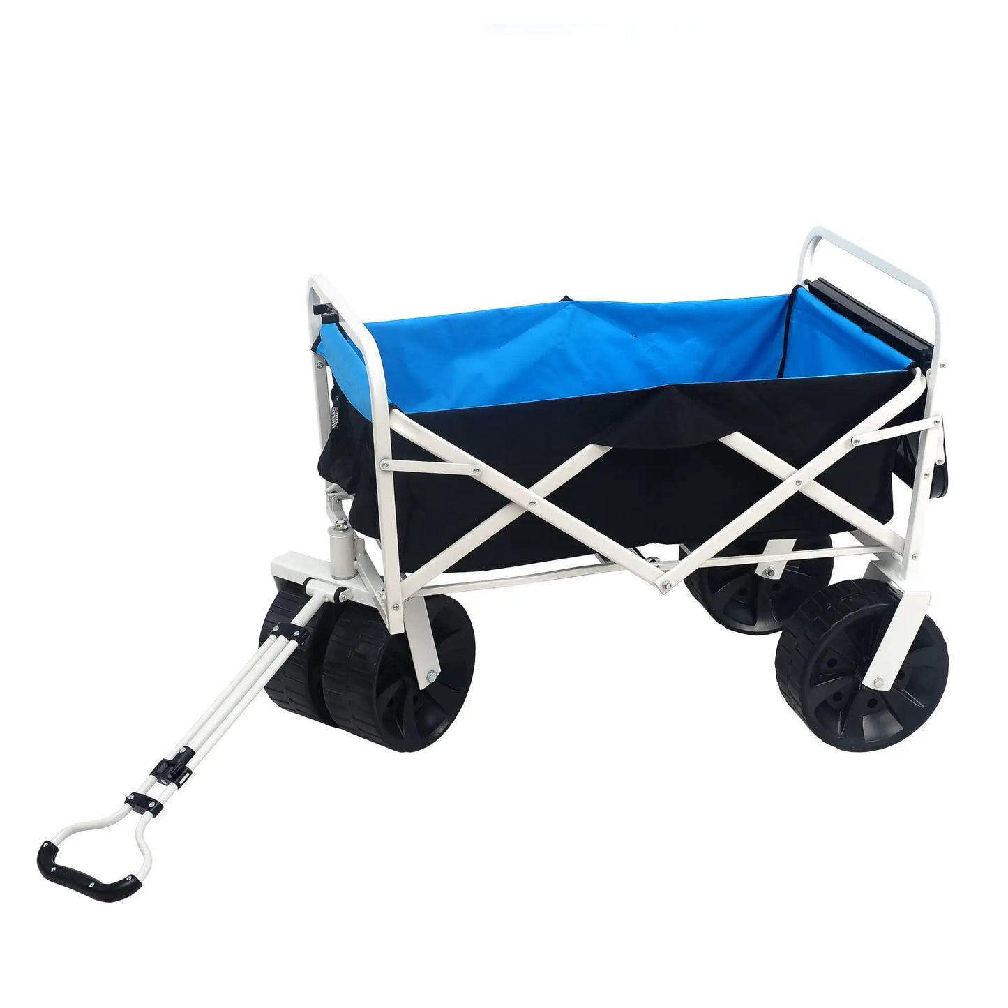 Folding wagon garden cart with blue interior fabric, white frame and large black wheels on Tampa Home & Garden Store