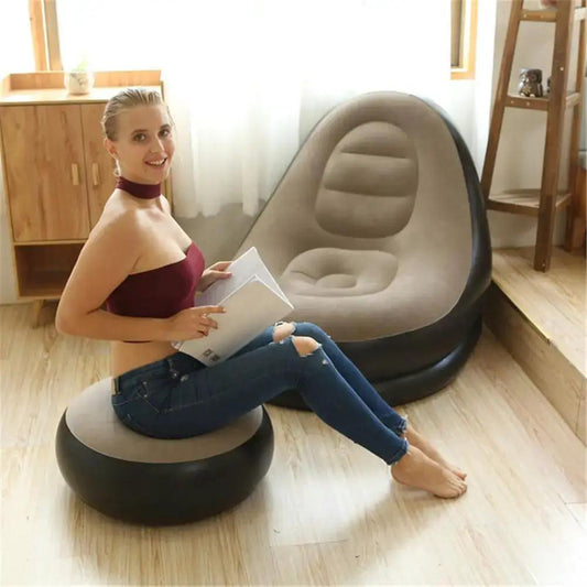 Inflatable Air Mattress Lazy Sofa Deck Chair bean bag chair beige with black outer ottoman on Tampa Home & Garden Store