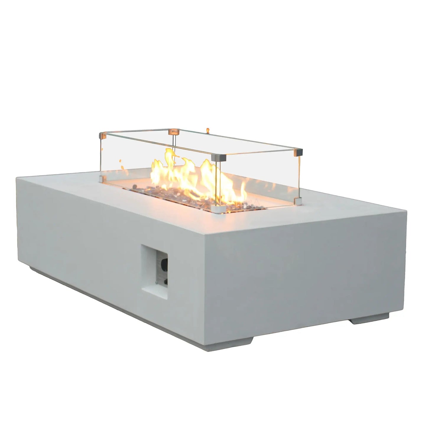 Mesa de hoguera de gas propano rectangular de hormigón para exterior de 52 pulgadas en color blanco antiguo