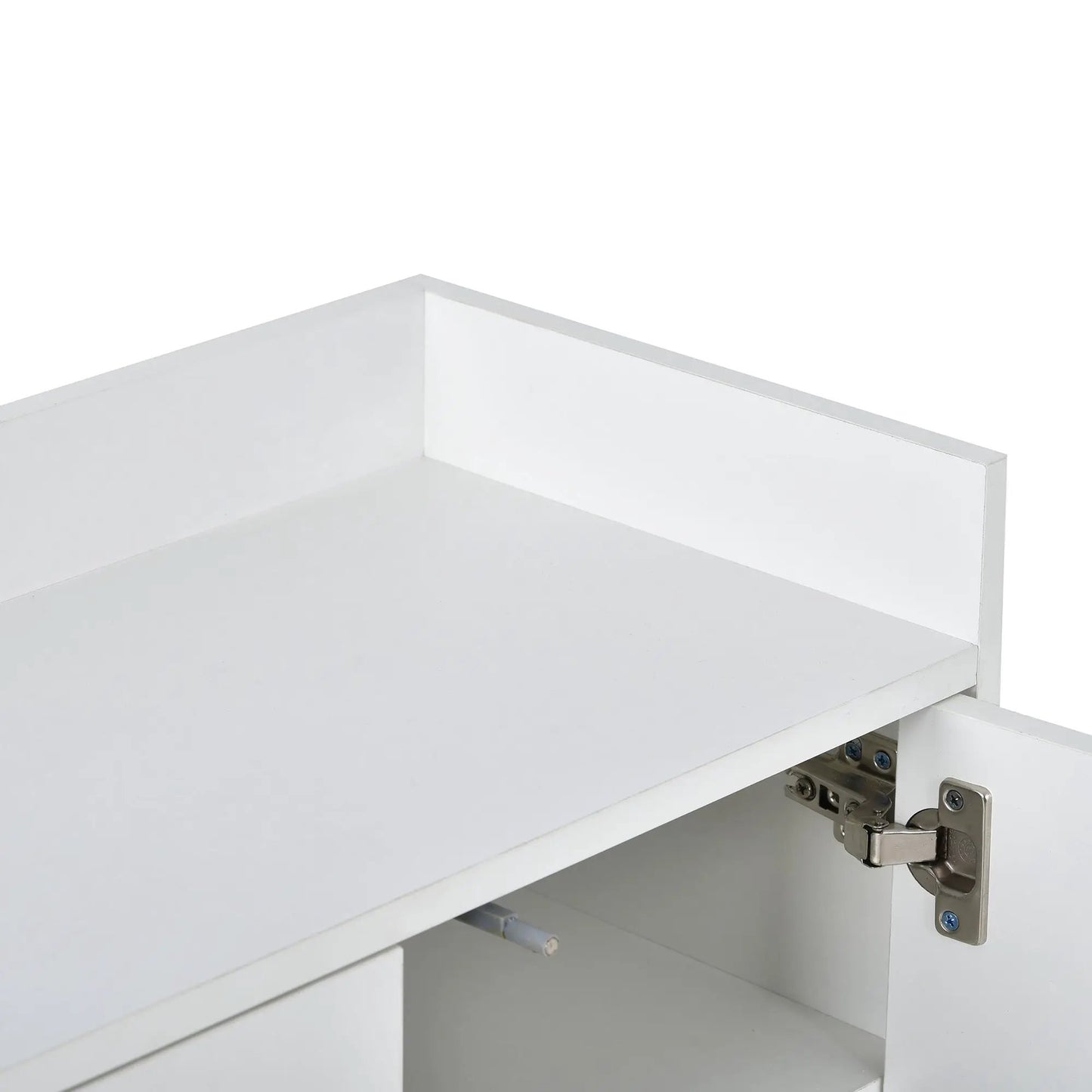 Trexm modern white sideboard with open storage shelf and visible metal hinges on Tampa Home & Garden Store