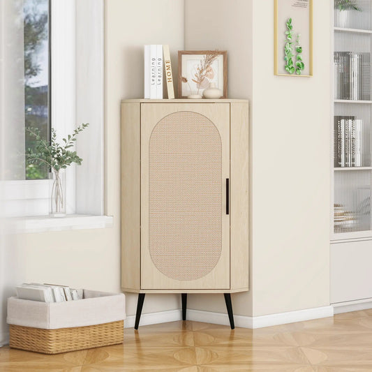 Corner cabinet with rattan door and caned panel, paired with light wood living table on Tampa Home & Garden Store
