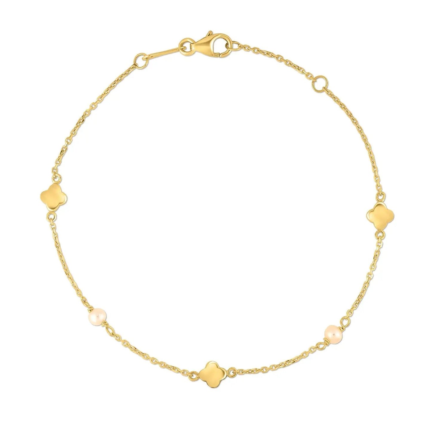 14k yellow gold bracelet with chain, interspersed four-leaf clover charms and pearl beads on Tampa Home & Garden Store