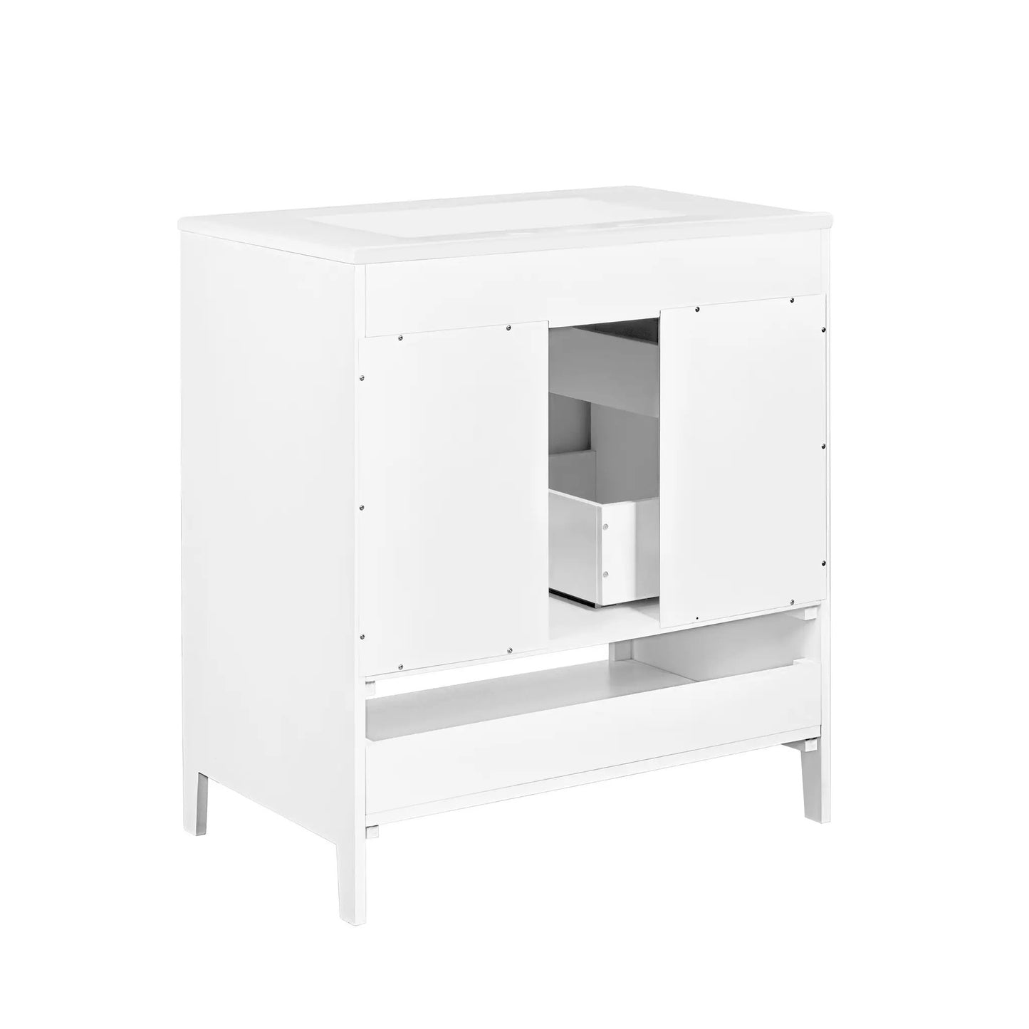 30 inch white vanity with sink VIP Digital Presence; framed doors and open interior storage on Tampa Home & Garden Store