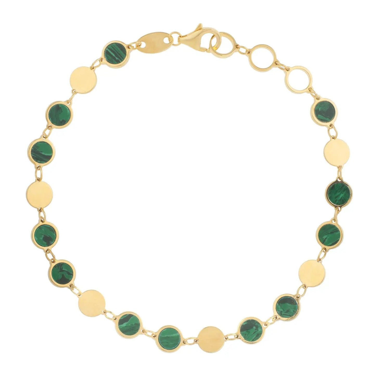 Bracelet 14K yellow gold malachite geometric with round green malachite cabochons and discs on Tampa Home & Garden Store