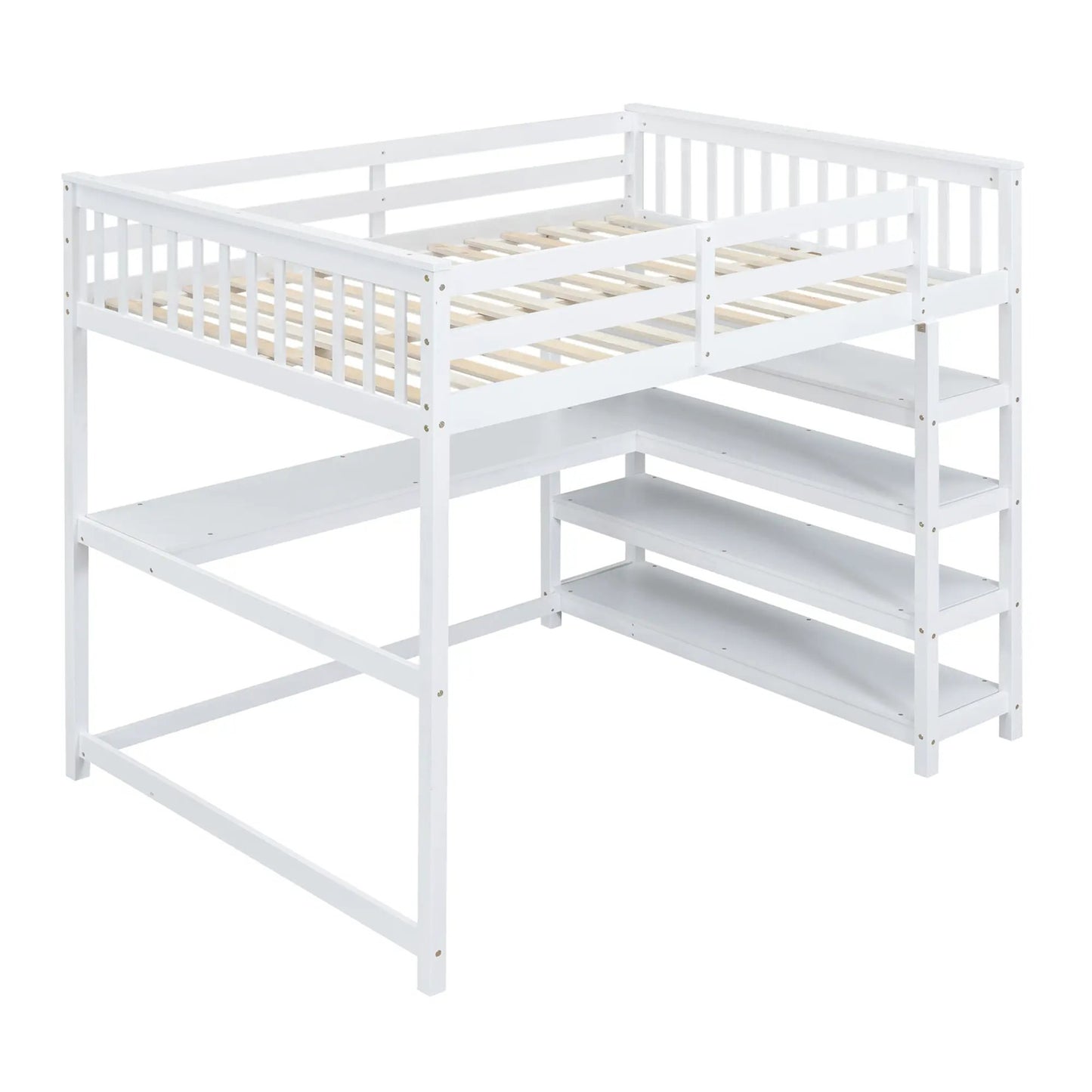 Full size loft bed with storage shelves and desk, white finish on Tampa Home & Garden Store