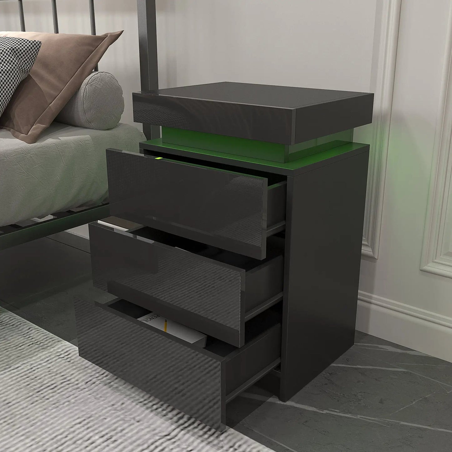 LED Black Nightstand With Multicolor Lighting
