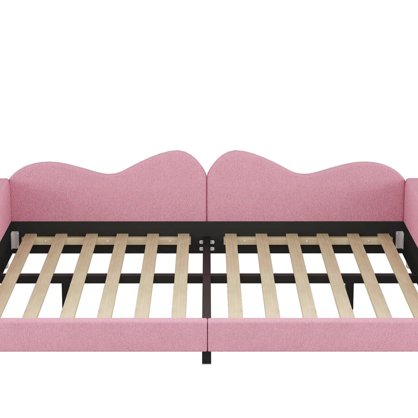 Full size pink upholstered daybed with sherpa fabric and exposed wooden slats on Tampa Home & Garden Store