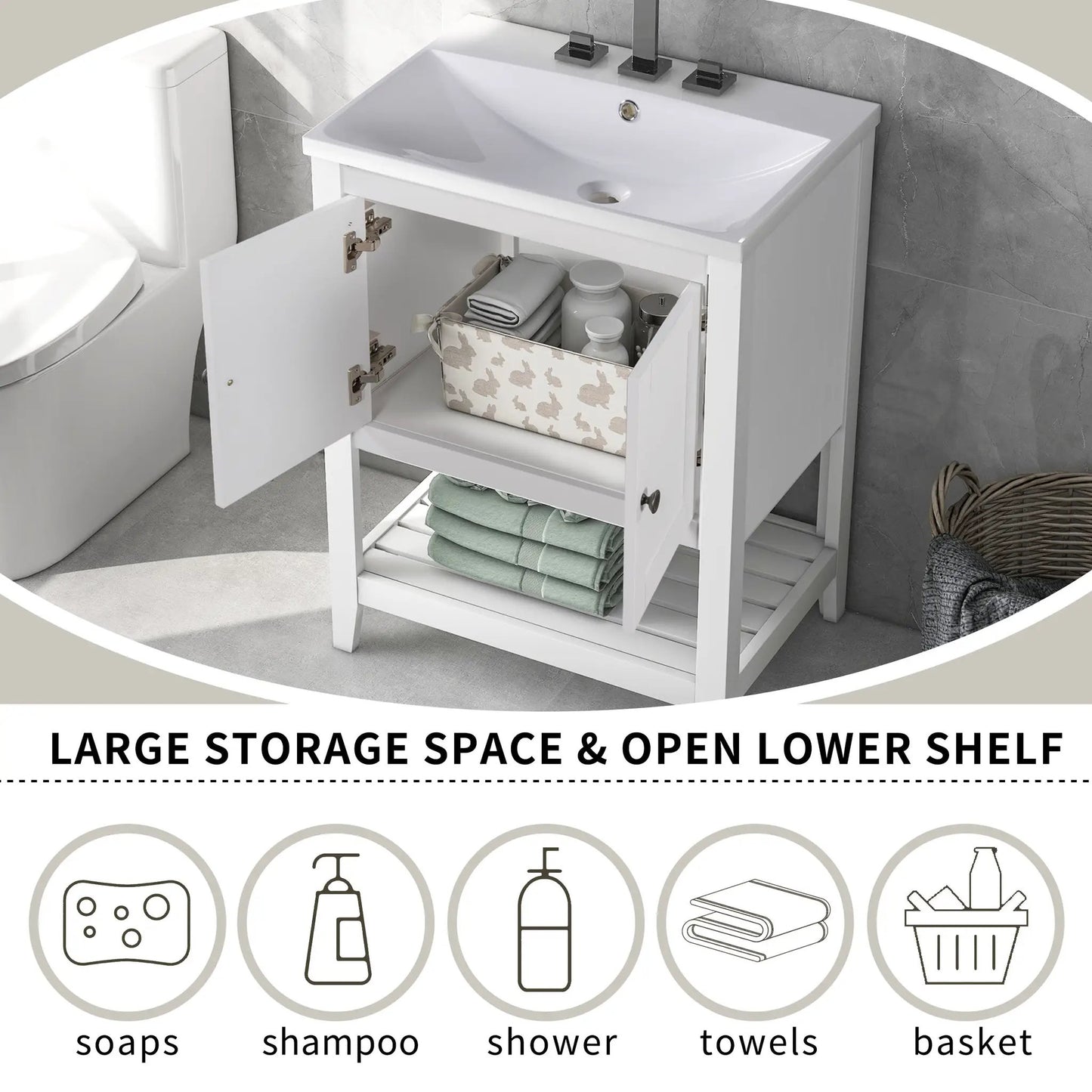 24-inch white solid wood vanity base with doors; doors open to reveal a fabric storage basket and towels on Tampa Home & Garden Store