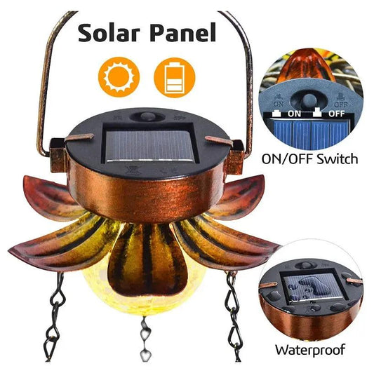 Solar Hanging Bird Bath copper-finish flower frame with glass tray and solar panel on Tampa Home & Garden Store